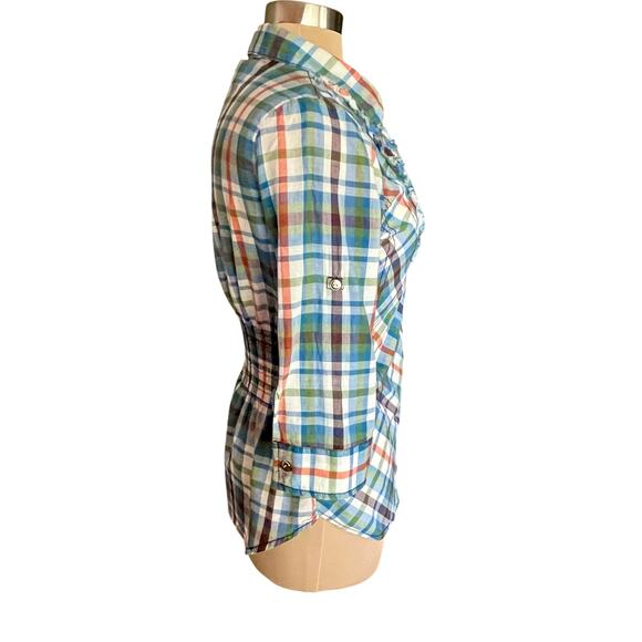 BKE Blue Rust Plaid Button Down Shirt MED Sequins Smocked Back Roll Tab Sleeves - Picture 2 of 10